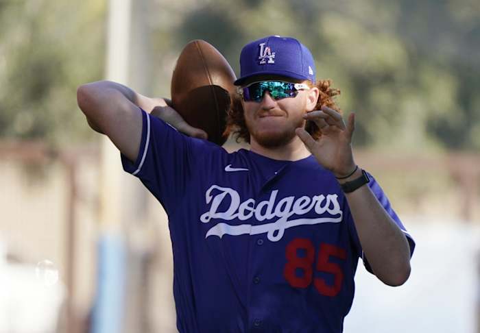 Feb 14, 2020; Glendale, Arizona, USA; Los Angeles Dodgers starting pitcher Dustin May (85) warms up during spring training. Mandatory Credit: Rick Scuteri-USA TODAY Sports